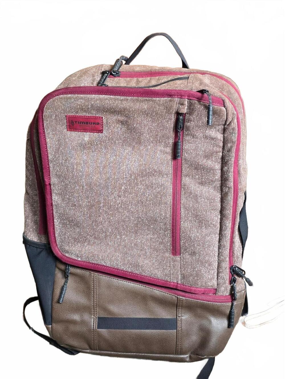 Timbuk2 Q Laptop Backpack Burgundy Twill and Brown TSA Friendly